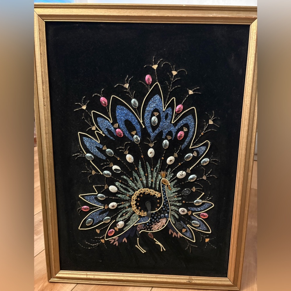 MCM Vintage Black Velvet Peacock Bird Wall Art Work Glitter Beads